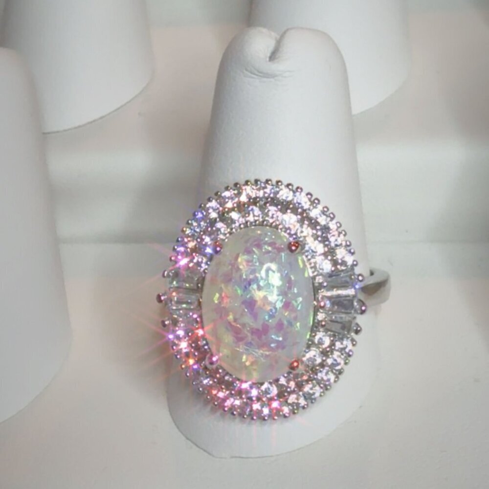 Opal Cocktail Ring With CZ Halo Rhodium Size 6 - Picture 5 of 10